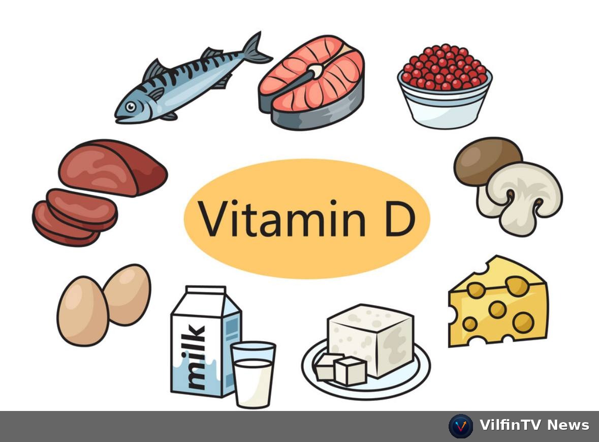 Illustration of Vitamin D-rich foods: fish, salmon, caviar, liver, mushrooms, eggs, milk, tofu, cheese