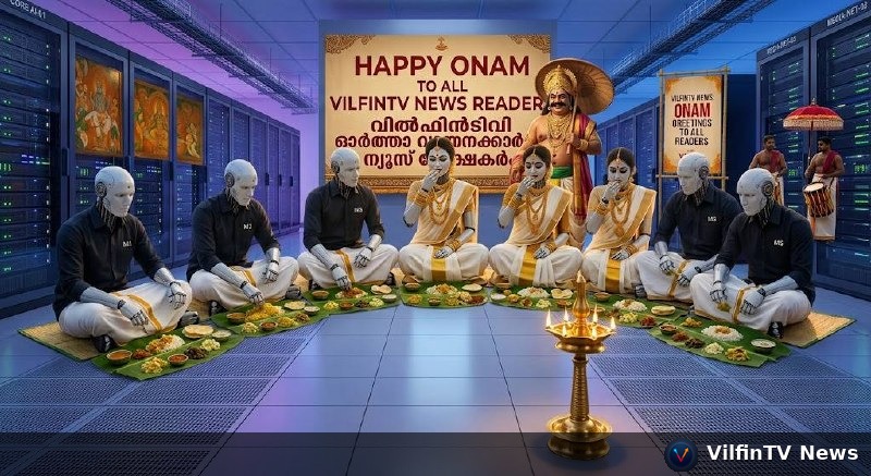 VilfinTV AI robots having Onam Sadya on banana leaves
